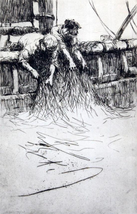 Arthur Briscoe (1873-1943) Overhauling the trawl, 11 x 7.25in.